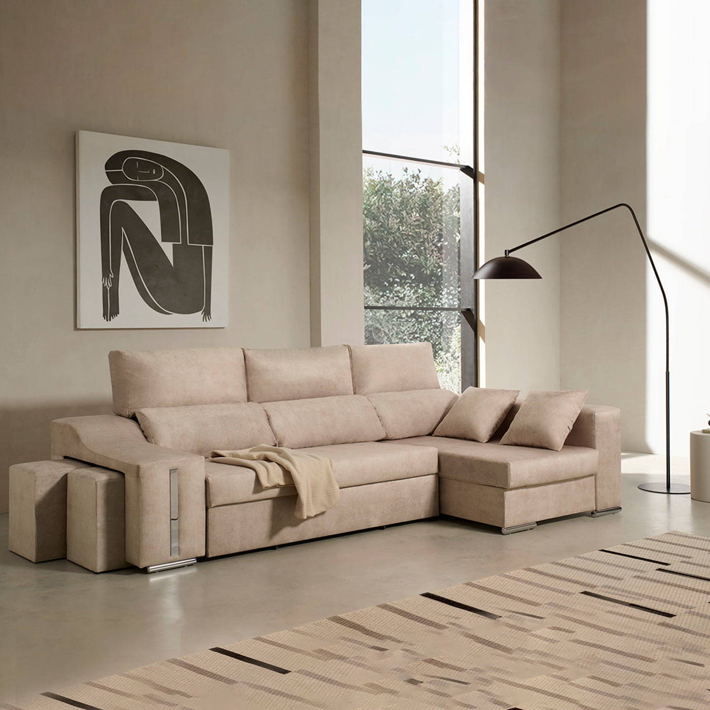 Sofa Chaise Longue Cama con Arcón y Puff Giuliana