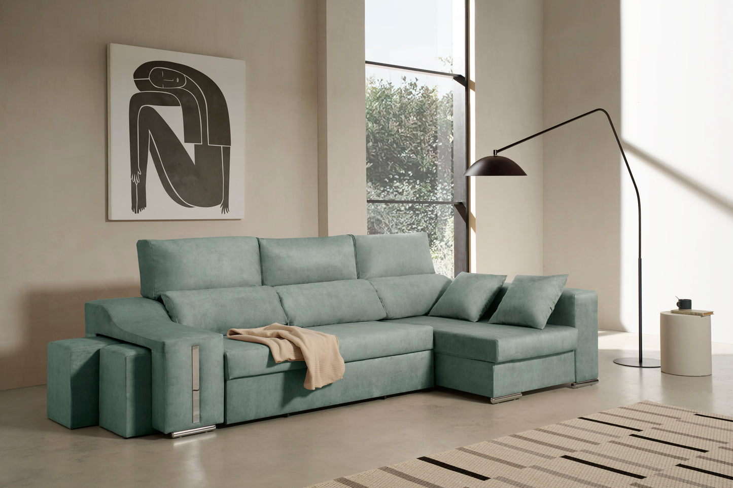 Sofa Chaise Longue Reclinable y Deslizante con Puffs Serena Alta Gama