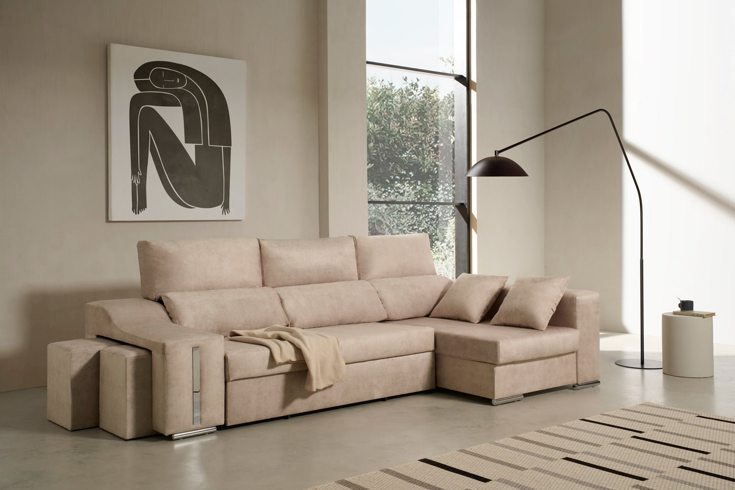 Sofa Chaise Longue Reclinable y Deslizante con Puffs Serena Alta Gama