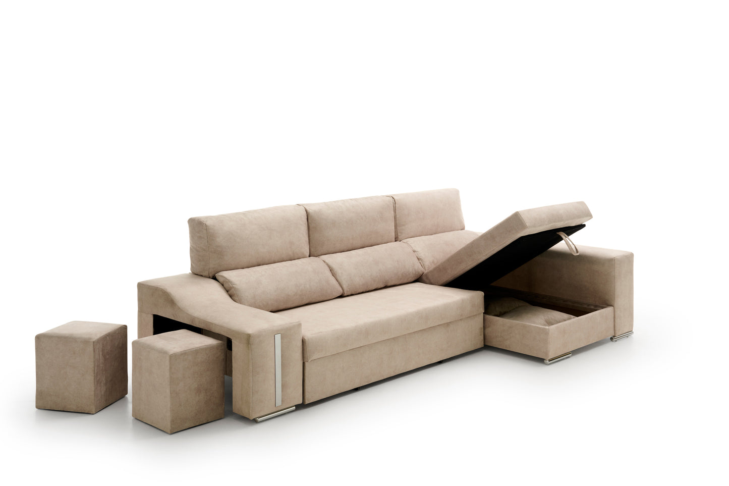 Sofa Chaise Longue Reclinable y Deslizante con Puffs Serena Alta Gama