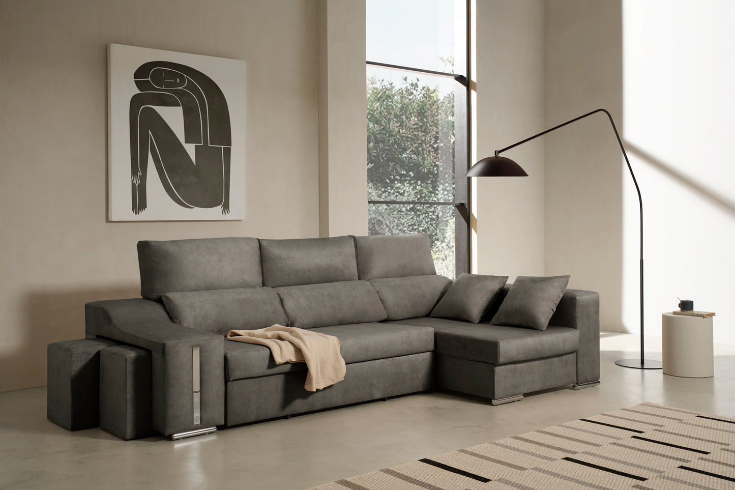 Sofa Chaise Longue Reclinable y Deslizante con Puffs Serena Alta Gama