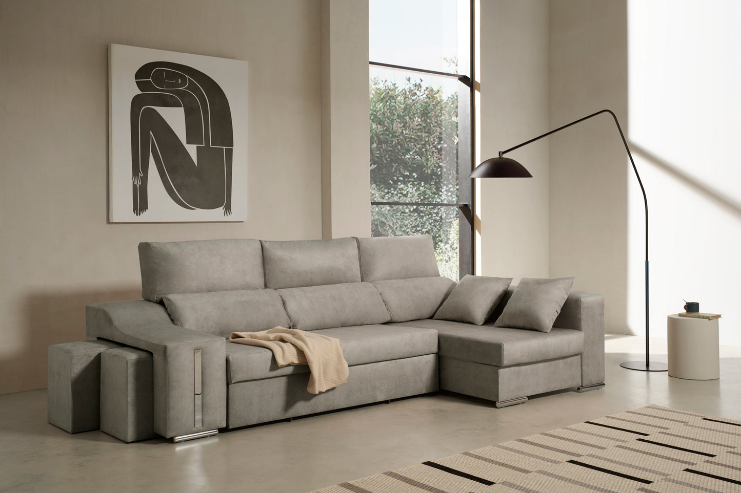 Sofa Chaise Longue Reclinable y Deslizante con Puffs Serena Alta Gama