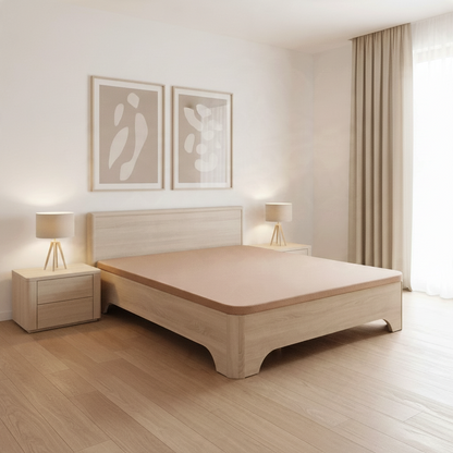 Canapé abatible de madera Milán color ártico cerrado en un dormitorio con cabecero