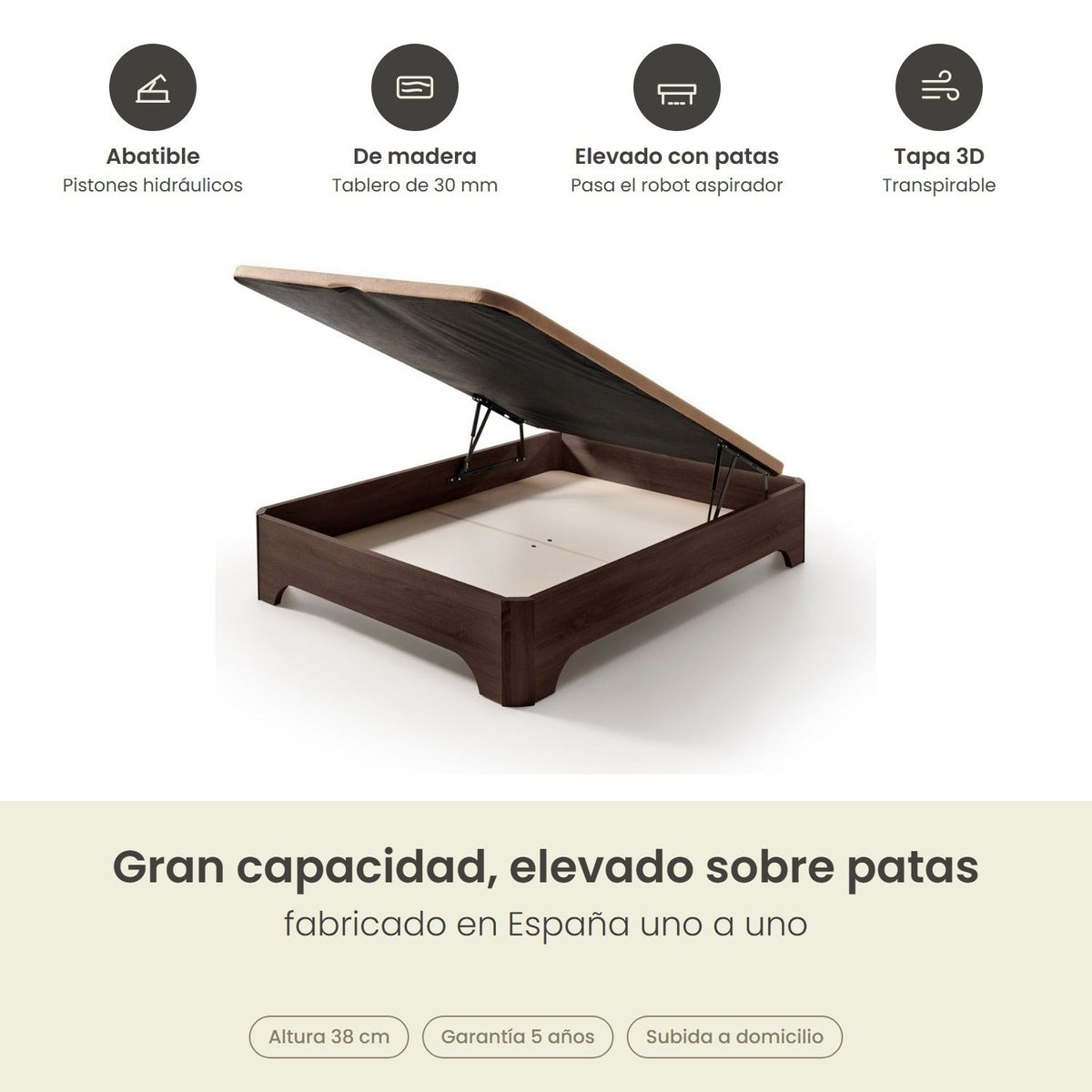 Canapé abatible de madera Milán color wengué – infografía de beneficios