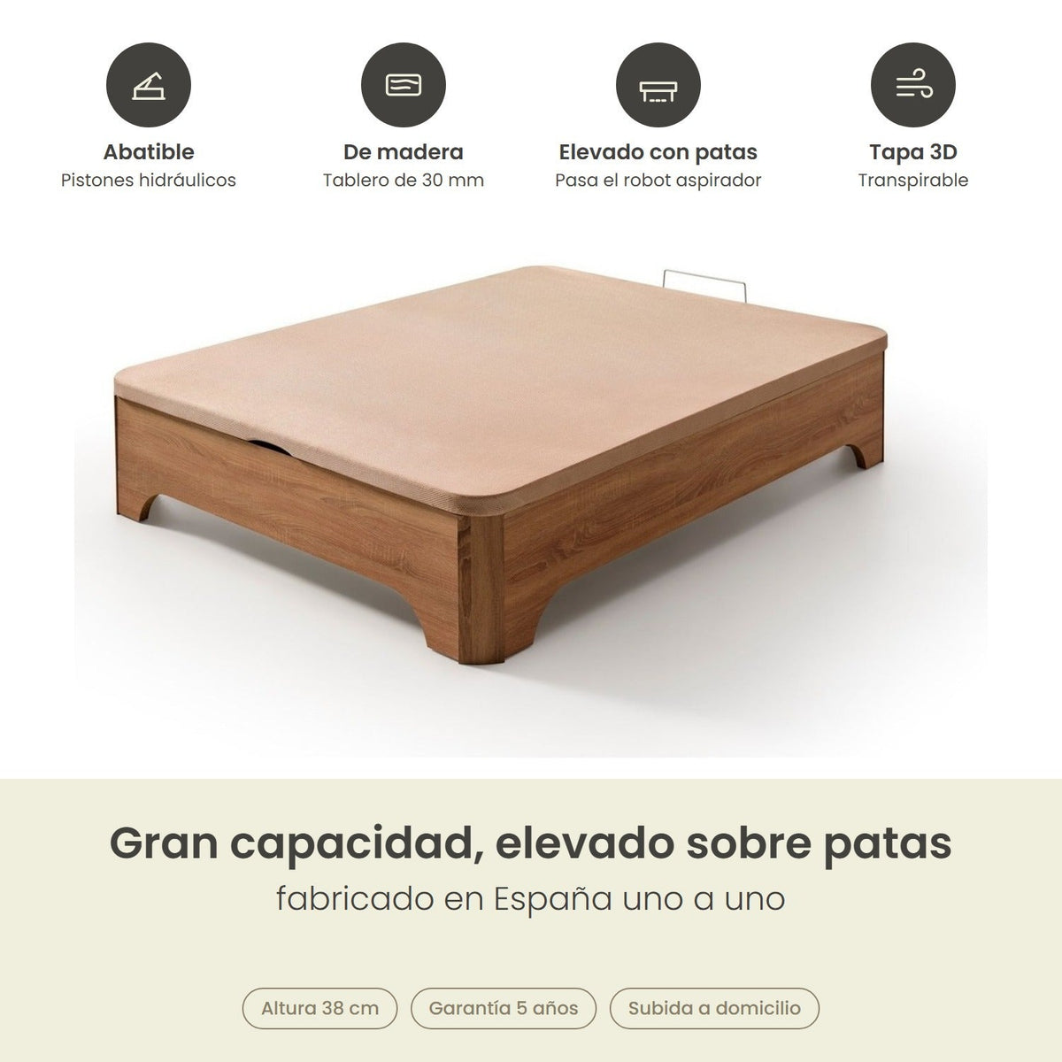 Canapé abatible de madera Milán color cerezo – infografía de beneficios