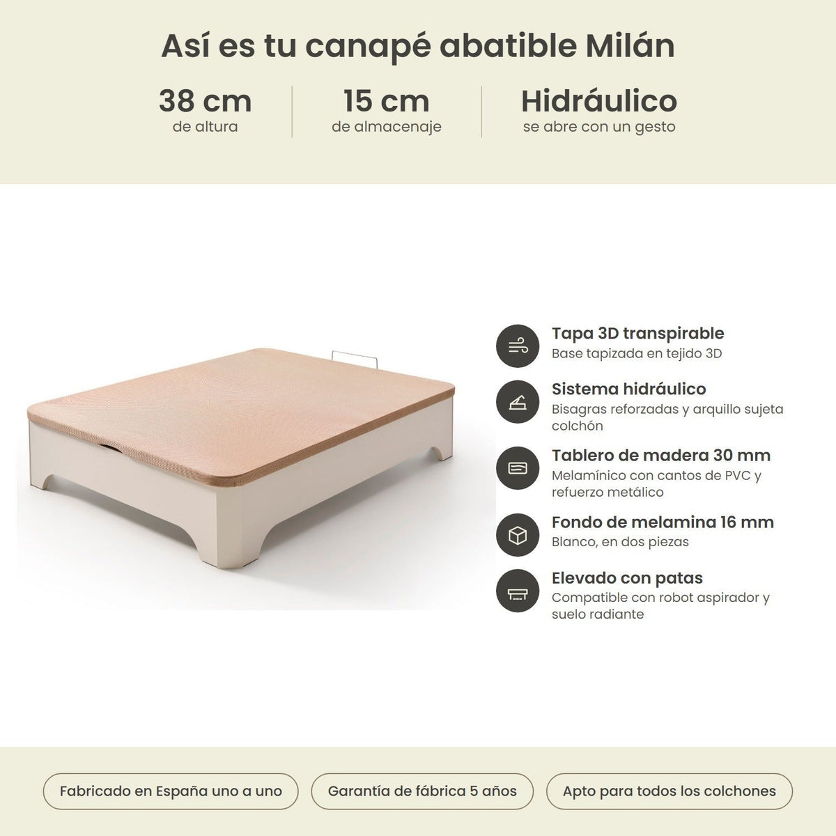 Canapé abatible de madera Milán color blanco – infografía técnica