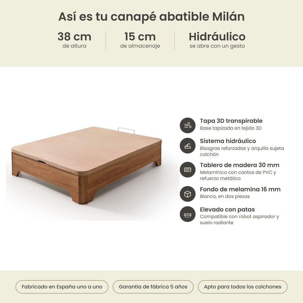 Canapé abatible de madera Milán color cerezo – infografía técnica