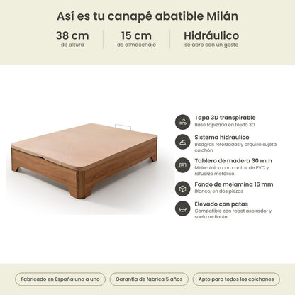 Canapé abatible de madera Milán color cerezo – infografía técnica
