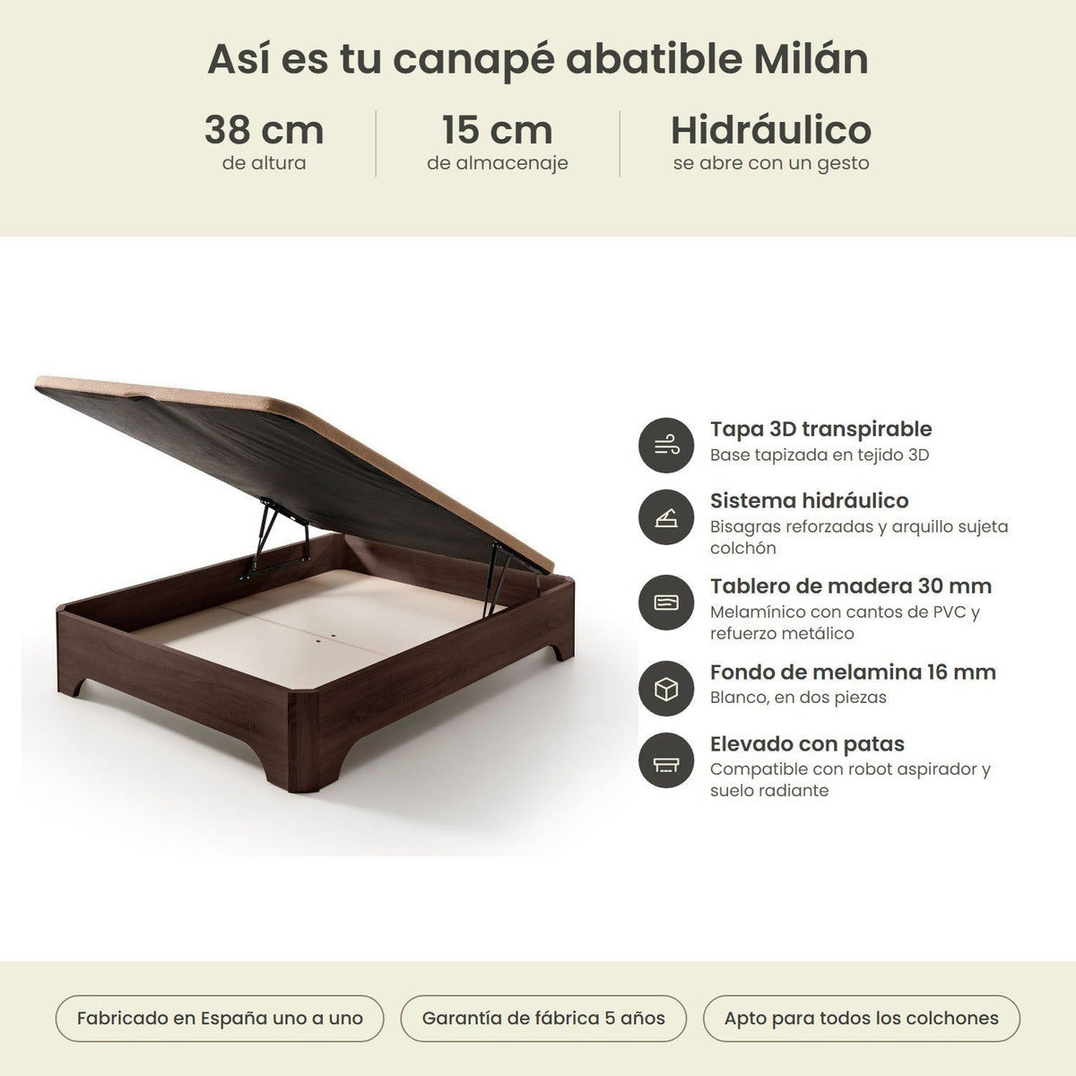 Canapé abatible de madera Milán color wengué – infografía técnica