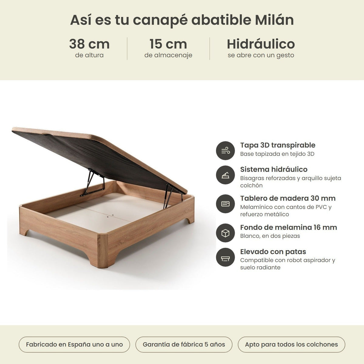 Canapé abatible de madera Milán color cambrian – infografía técnica