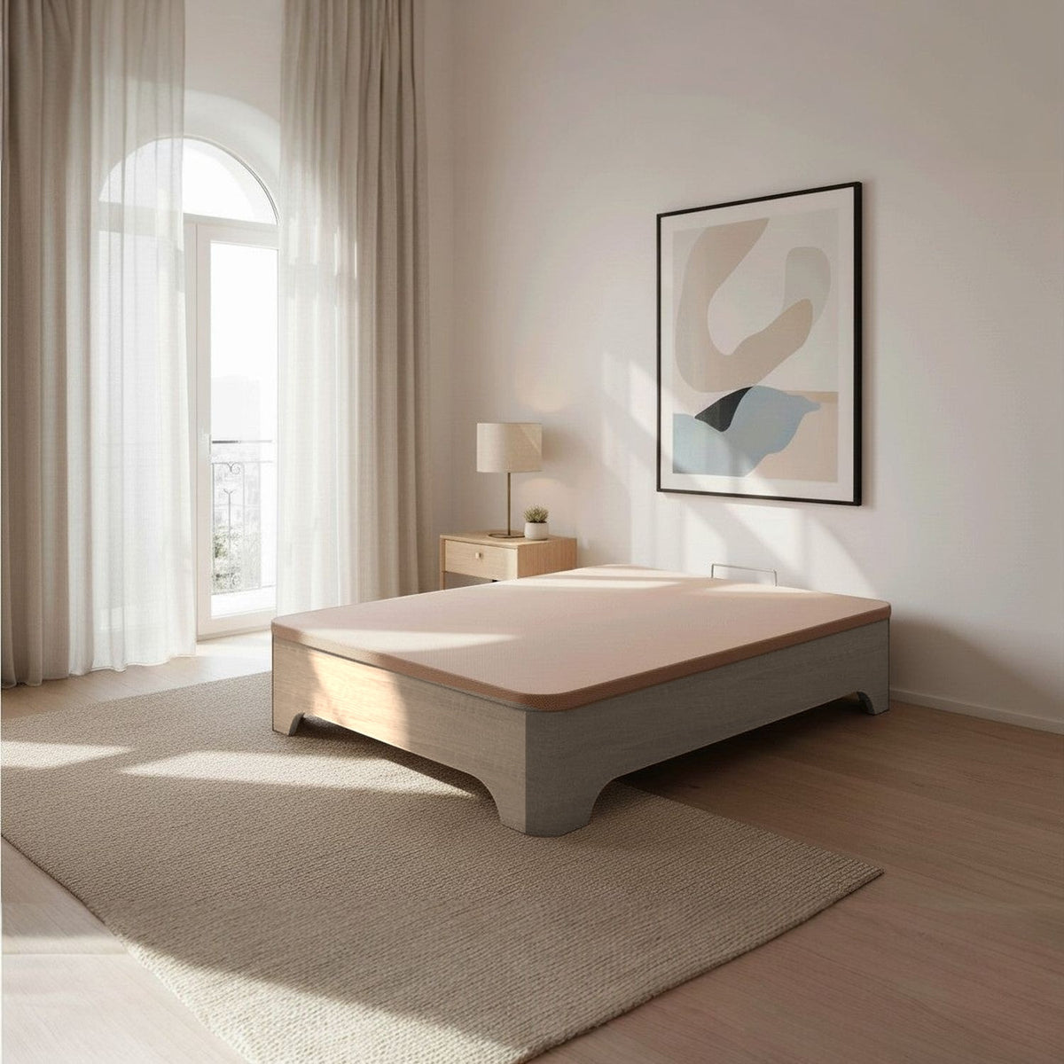 Canapé abatible de madera Milán color ártico cerrado en un dormitorio luminoso