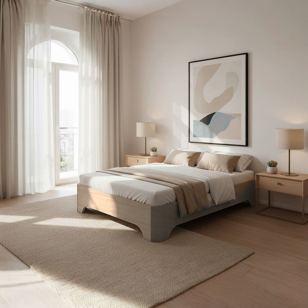 Canapé abatible de madera Milán color ártico con colchón y ropa de cama junto a dos mesitas