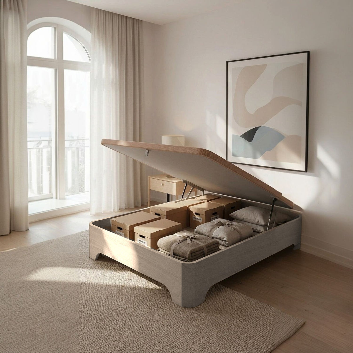 Canapé abatible de madera Milán color ártico abierto con cajas, mantas y almohadas guardadas, en un dormitorio luminoso
