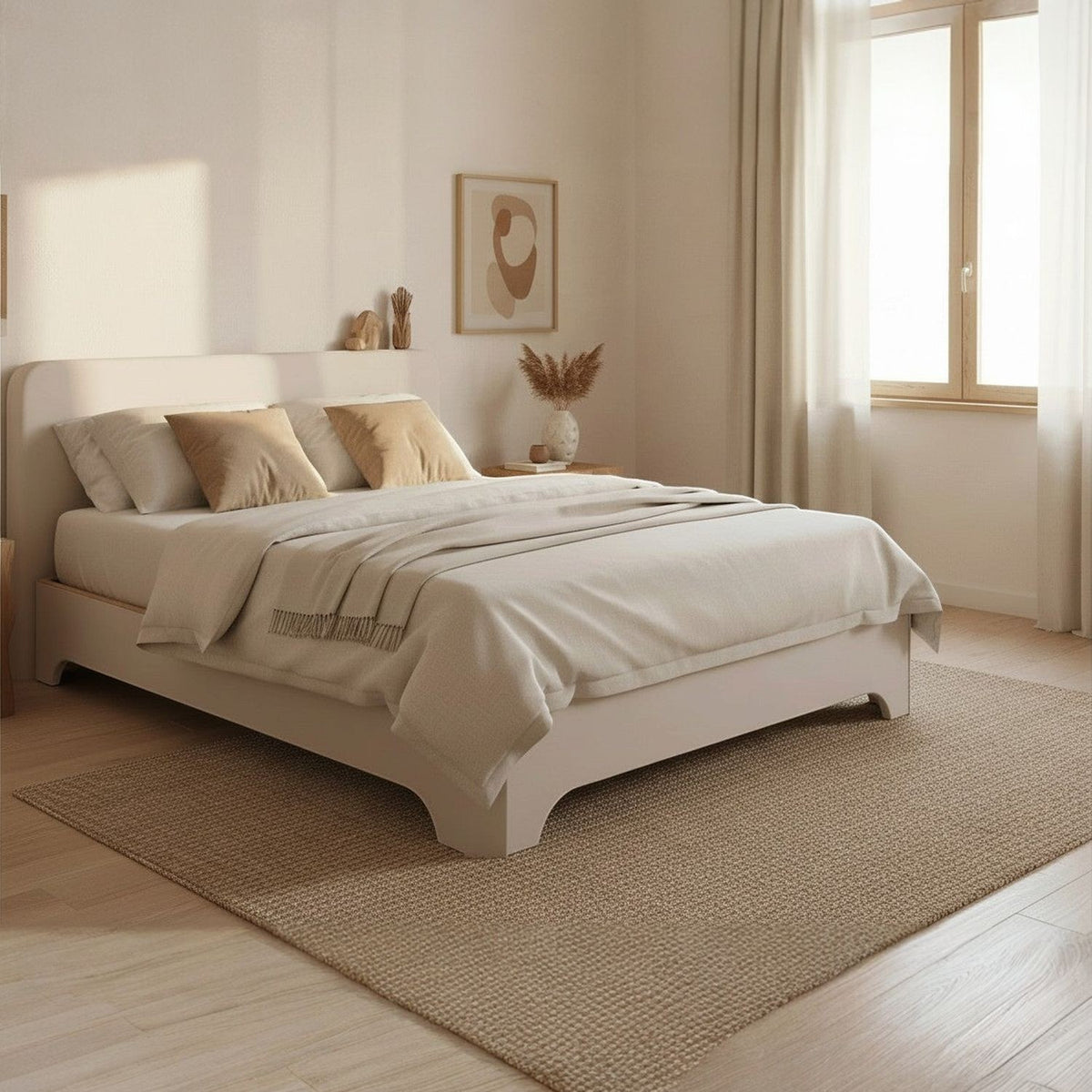 Canapé abatible de madera Milán color blanco con colchón y ropa de cama en un dormitorio