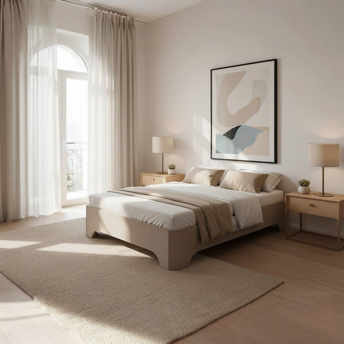 Canapé abatible de madera Milán color blanco con colchón y ropa de cama junto a dos mesitas