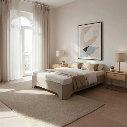 Canapé abatible de madera Milán color blanco con colchón y ropa de cama junto a dos mesitas