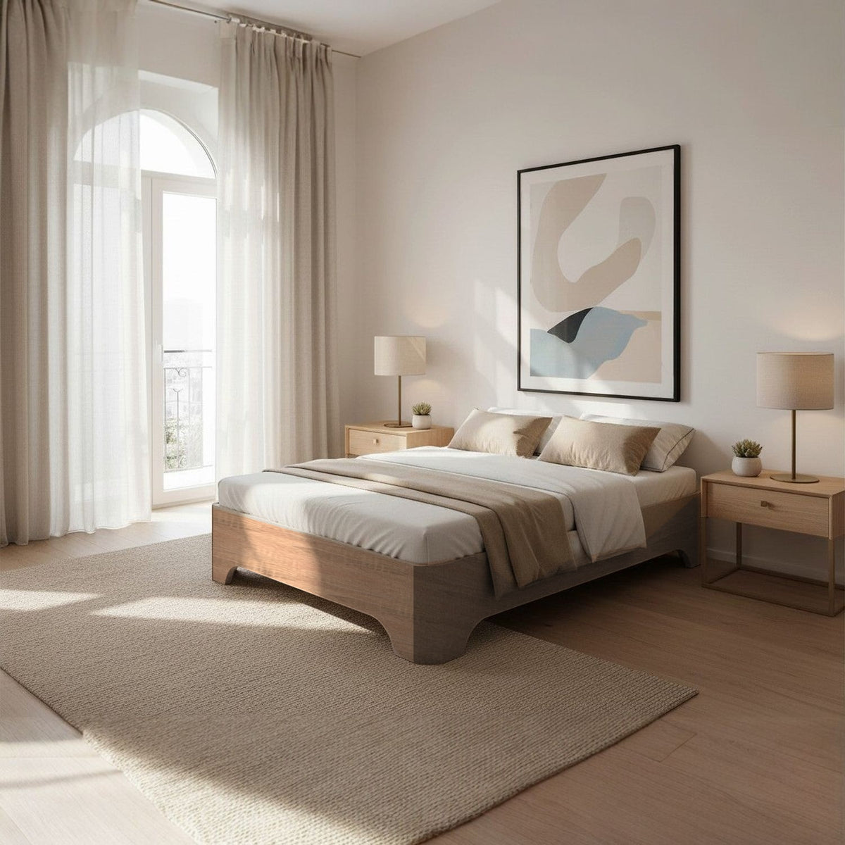 Canapé abatible de madera Milán color cambrian con colchón y ropa de cama junto a dos mesitas