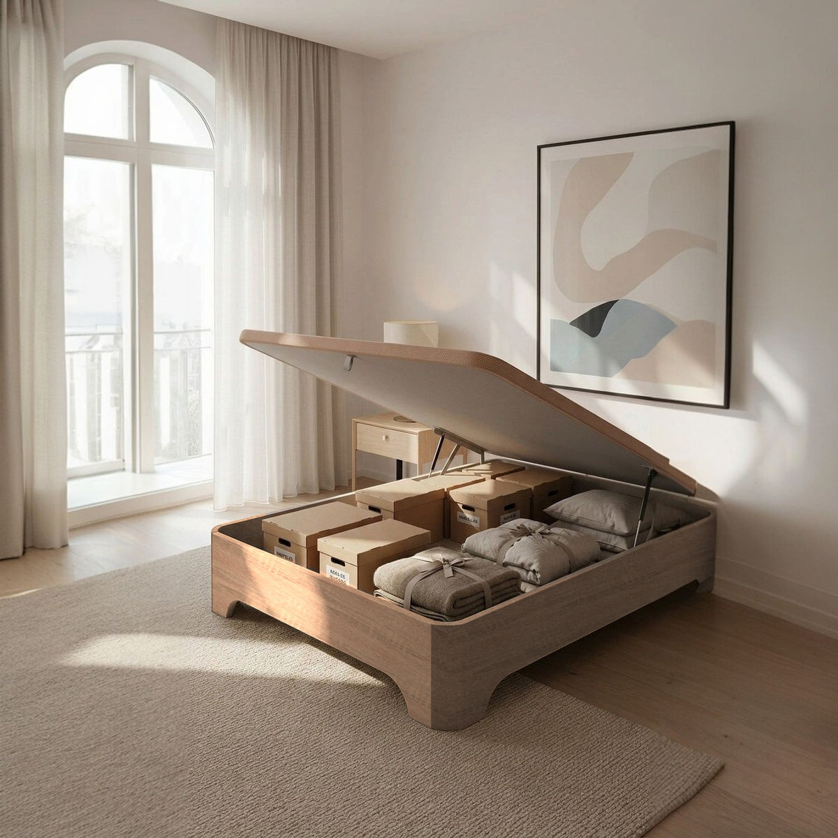 Canapé abatible de madera Milán color cambrian abierto con cajas, mantas y almohadas guardadas, en un dormitorio luminoso