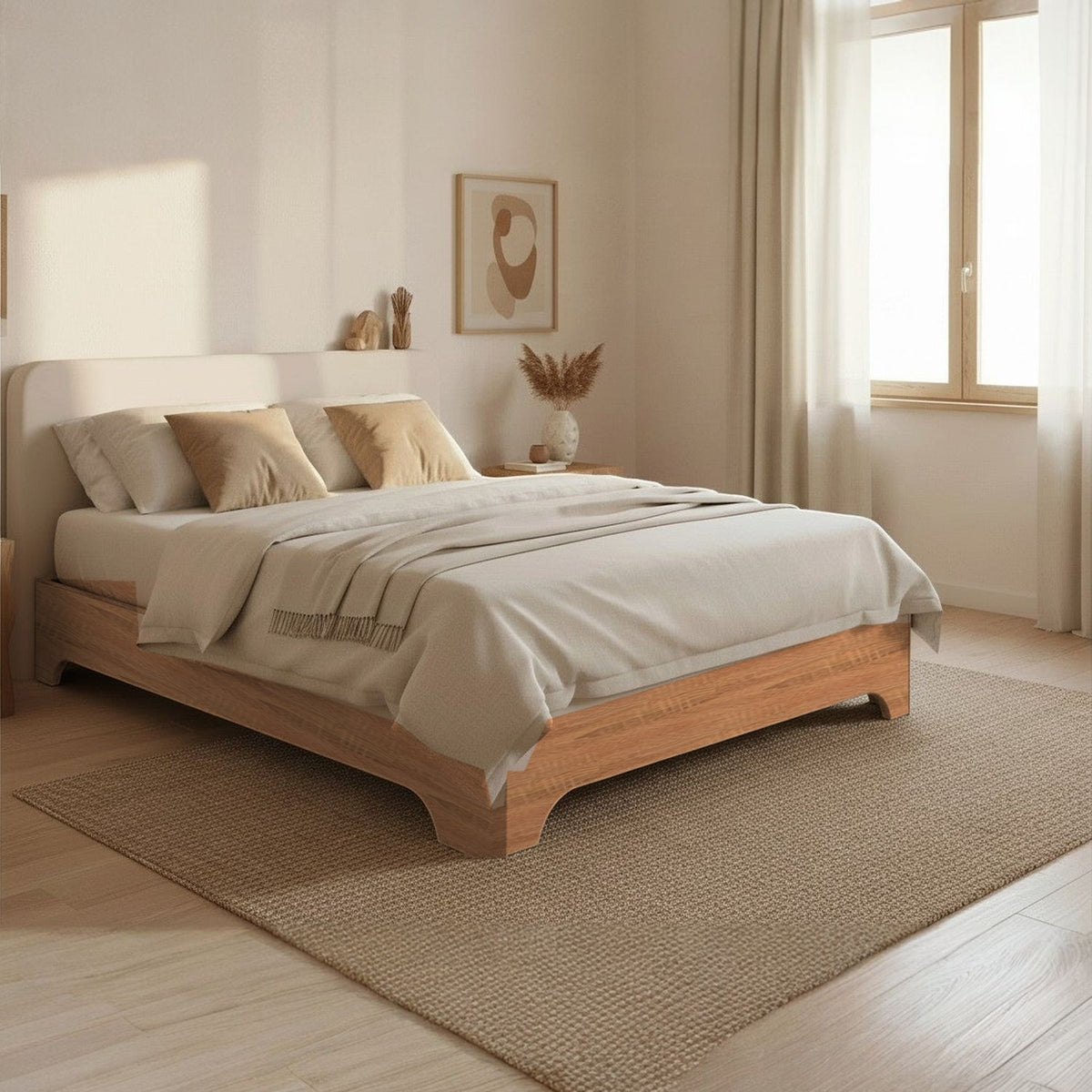 Canapé abatible de madera Milán color cerezo con colchón y ropa de cama en un dormitorio