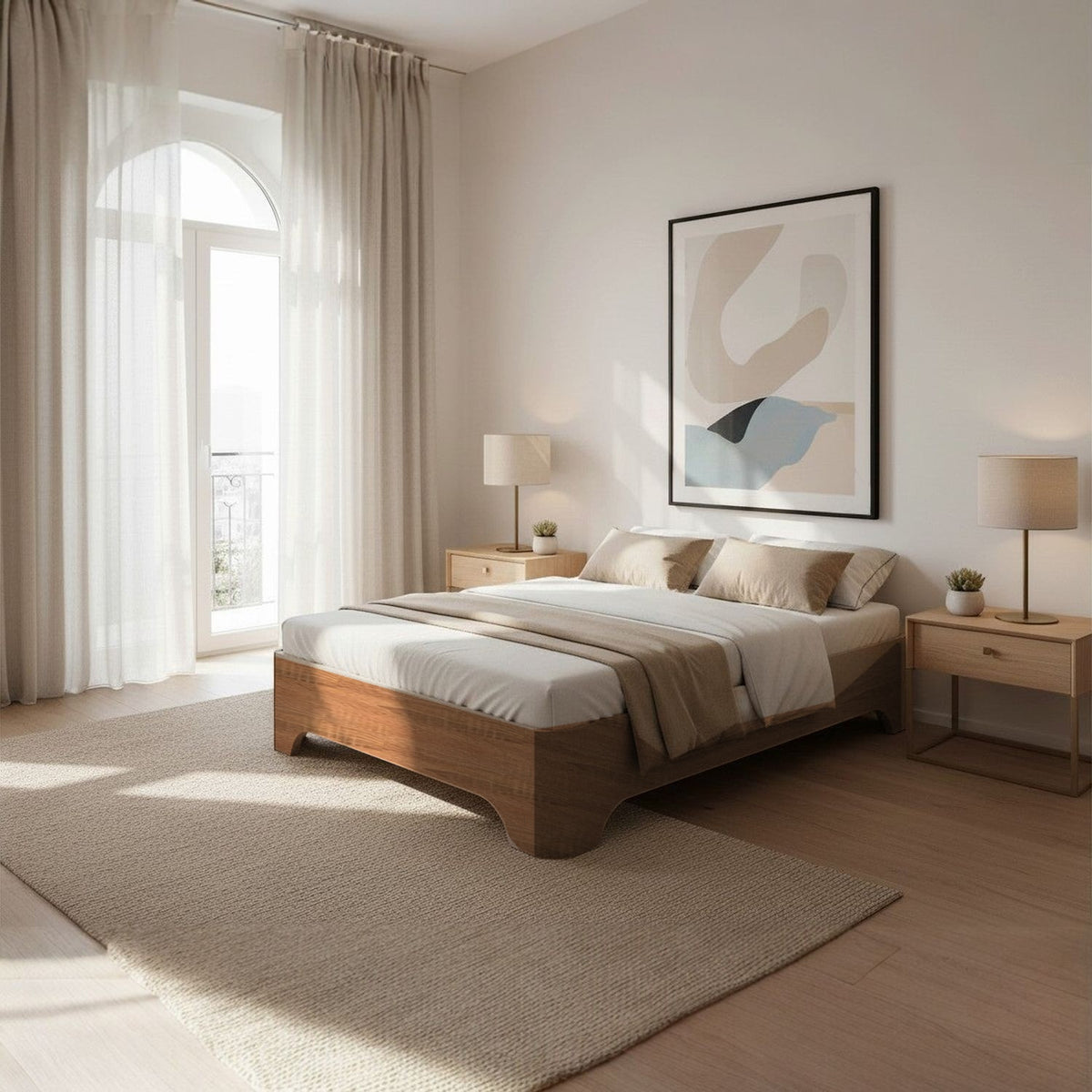 Canapé abatible de madera Milán color cerezo con colchón y ropa de cama junto a dos mesitas