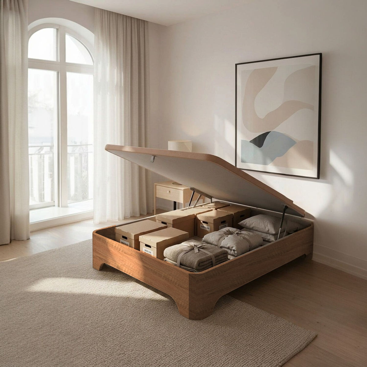Canapé abatible de madera Milán color cerezo abierto con cajas, mantas y almohadas guardadas, en un dormitorio luminoso