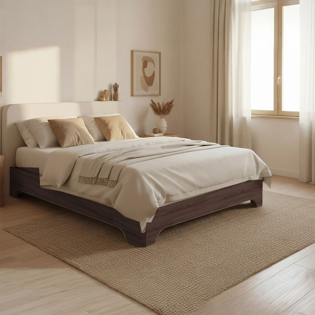 Canapé abatible de madera Milán color wengué con colchón y ropa de cama en un dormitorio
