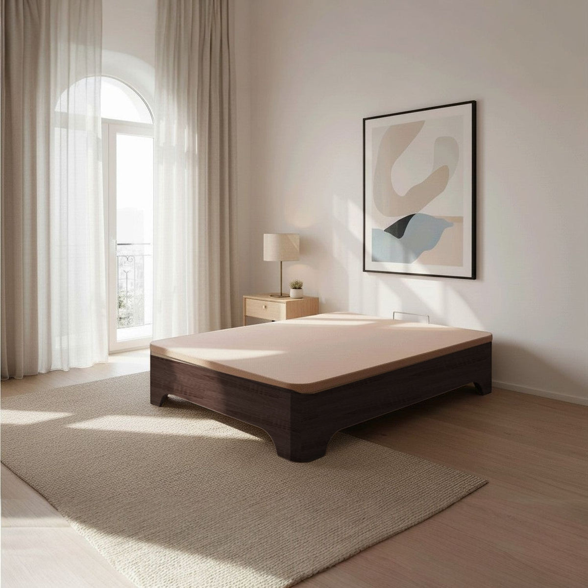 Canapé abatible de madera Milán color wengué cerrado en un dormitorio luminoso