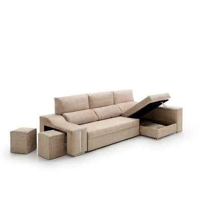 Sofá Chaise Longue Sorrento - Reclinable y Deslizante con Puffs - Arcón