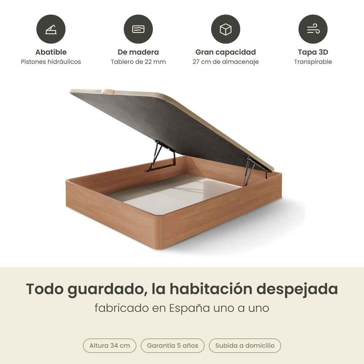 Canapé abatible de madera Toscana color cerezo – infografía de beneficios
