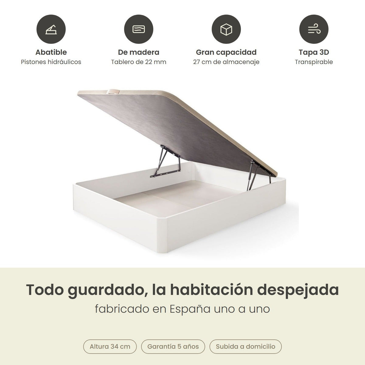 Canapé abatible de madera Toscana color blanco – infografía de beneficios