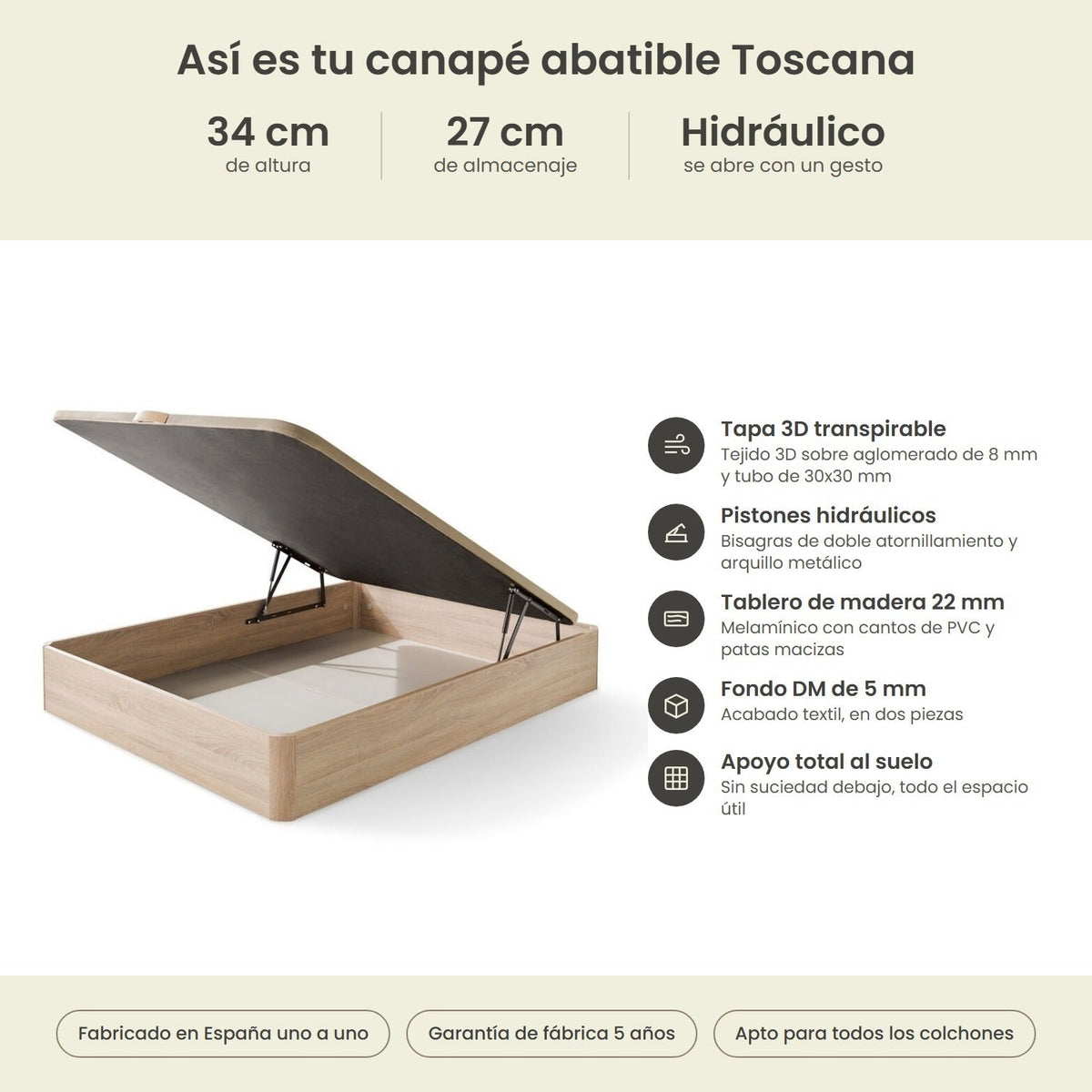 Canapé abatible de madera Toscana color cambrian – infografía técnica