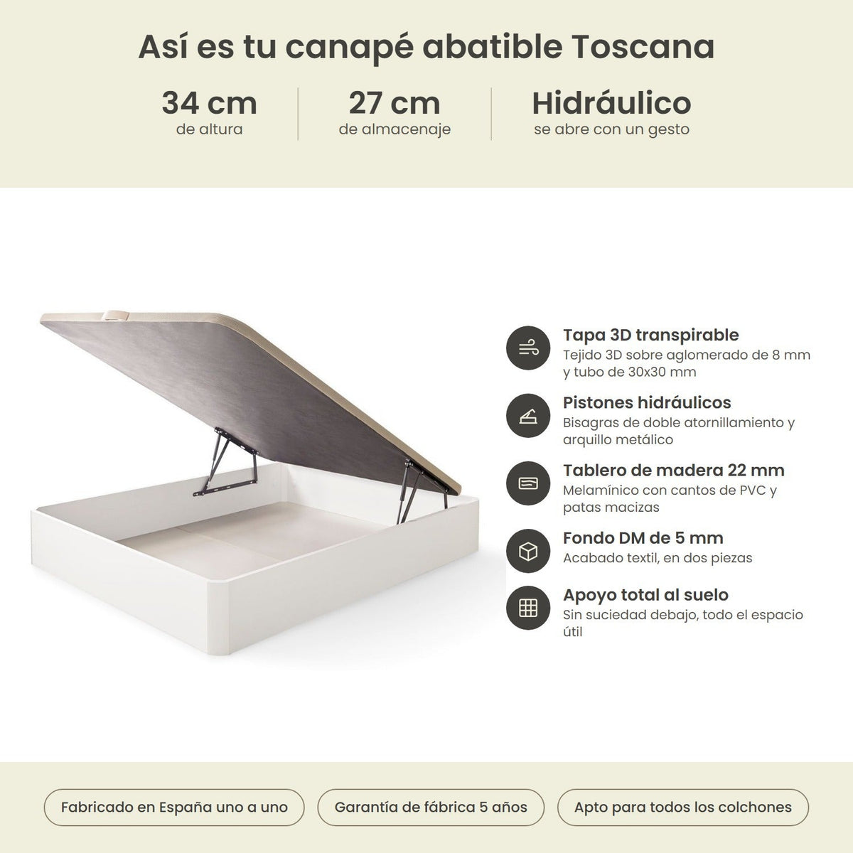 Canapé abatible de madera Toscana color blanco – infografía técnica
