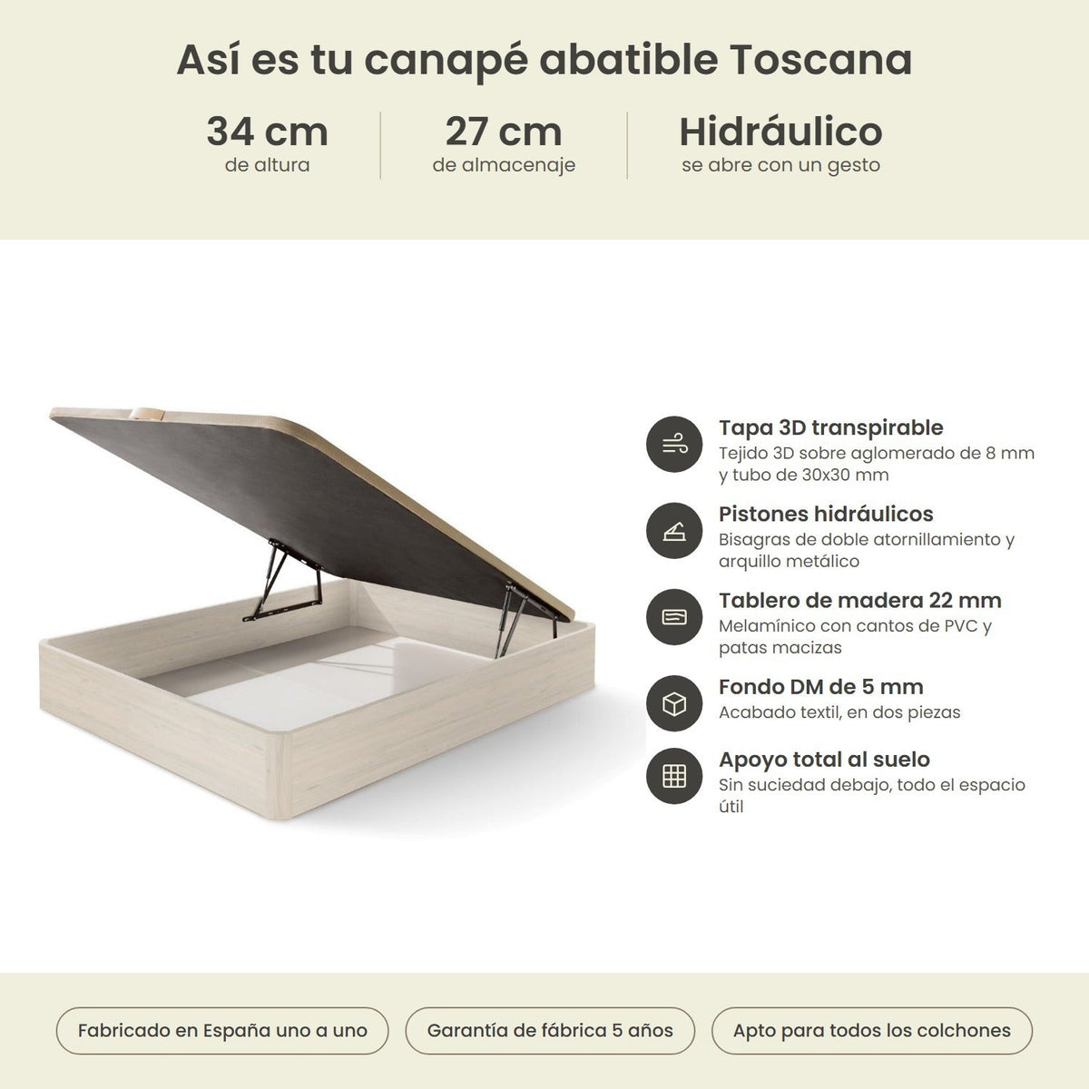 Canapé abatible de madera Toscana color ártico – infografía técnica