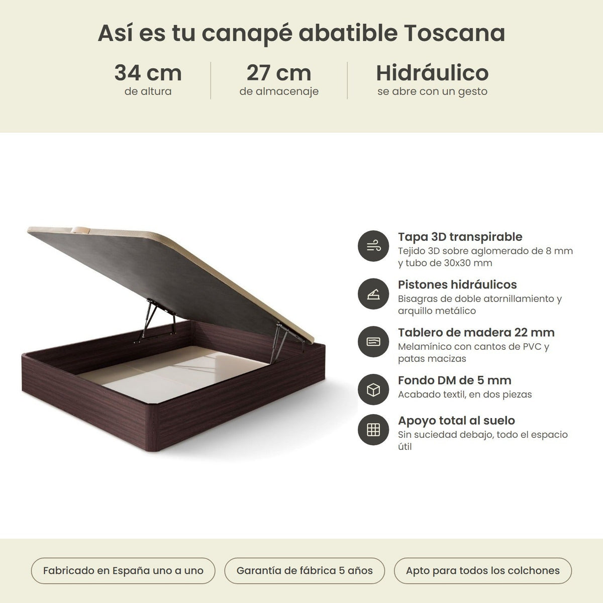 Canapé abatible de madera Toscana color wengué – infografía técnica