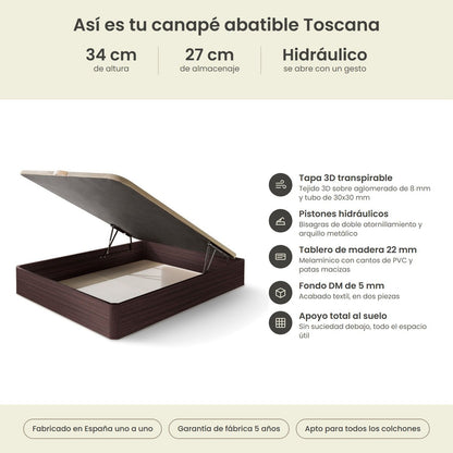 Canapé abatible de madera Toscana color wengué – infografía técnica