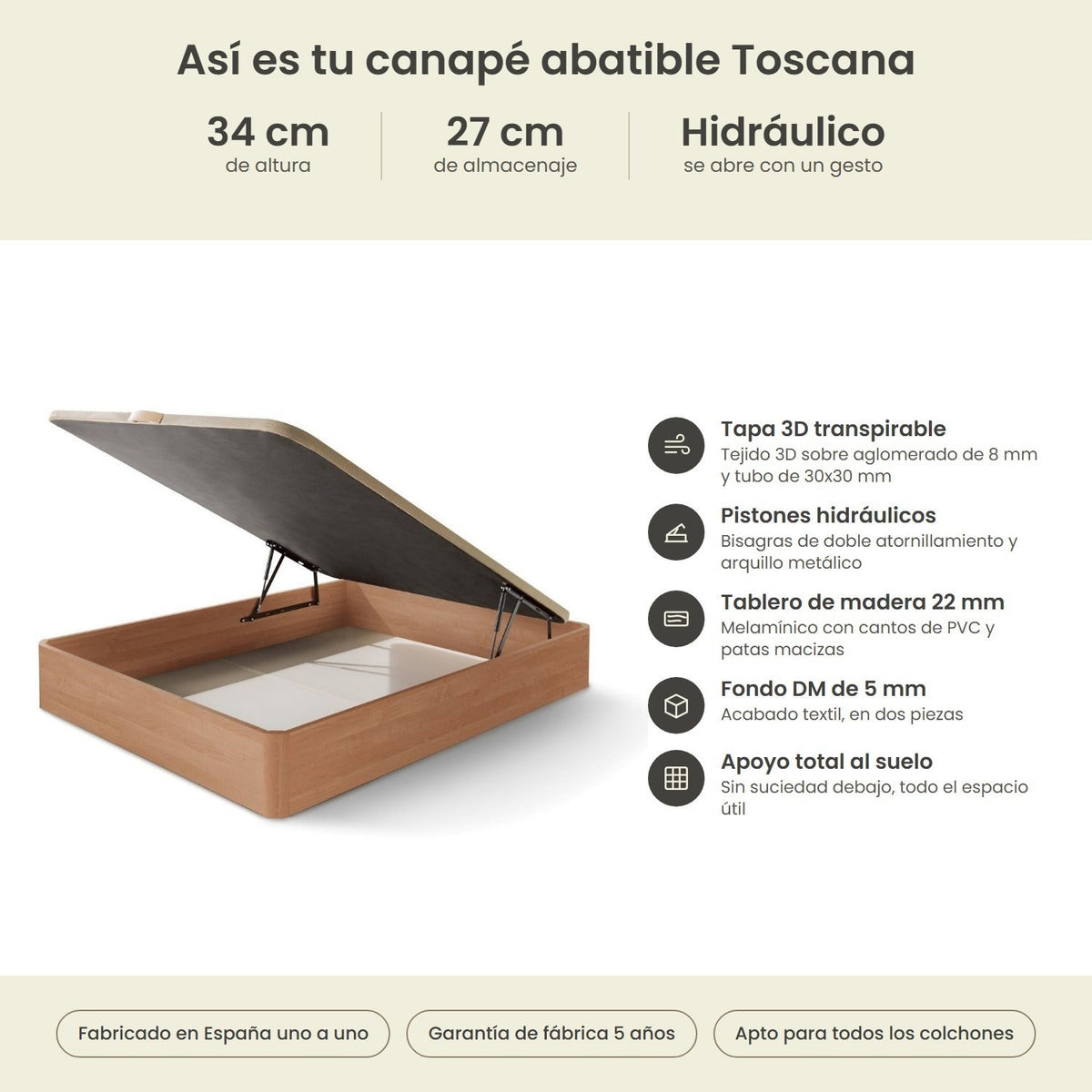 Canapé abatible de madera Toscana color cerezo – infografía técnica