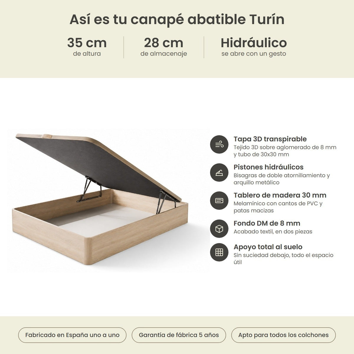 Canapé abatible de madera Turín color cambrian – infografía técnica