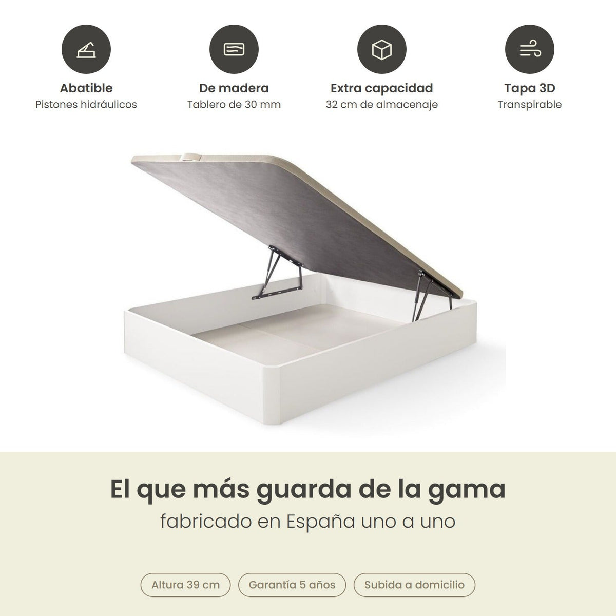 Canapé abatible de madera Venecia XL color blanco – infografía de beneficios