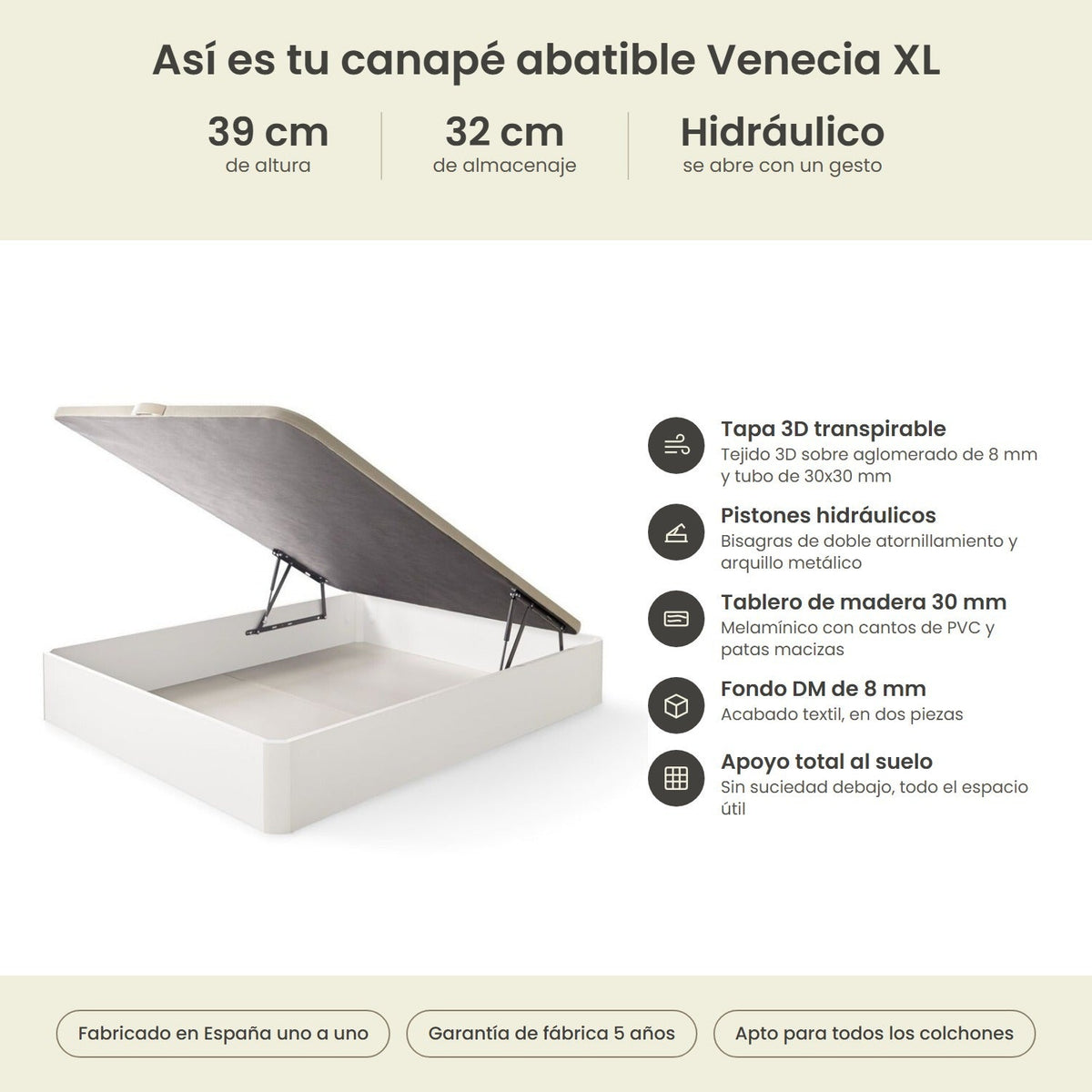Canapé abatible de madera Venecia XL color blanco – infografía técnica