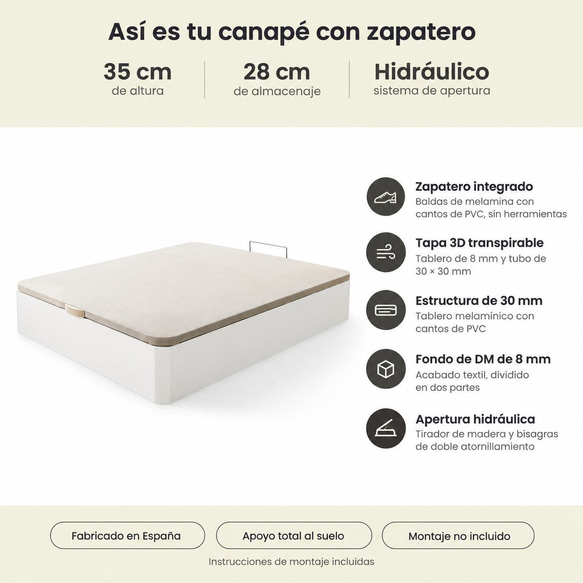 Canapé abatible Velare Nápoles color blanco con zapatero integrado, tapa 3D transpirable y sistema hidráulico.